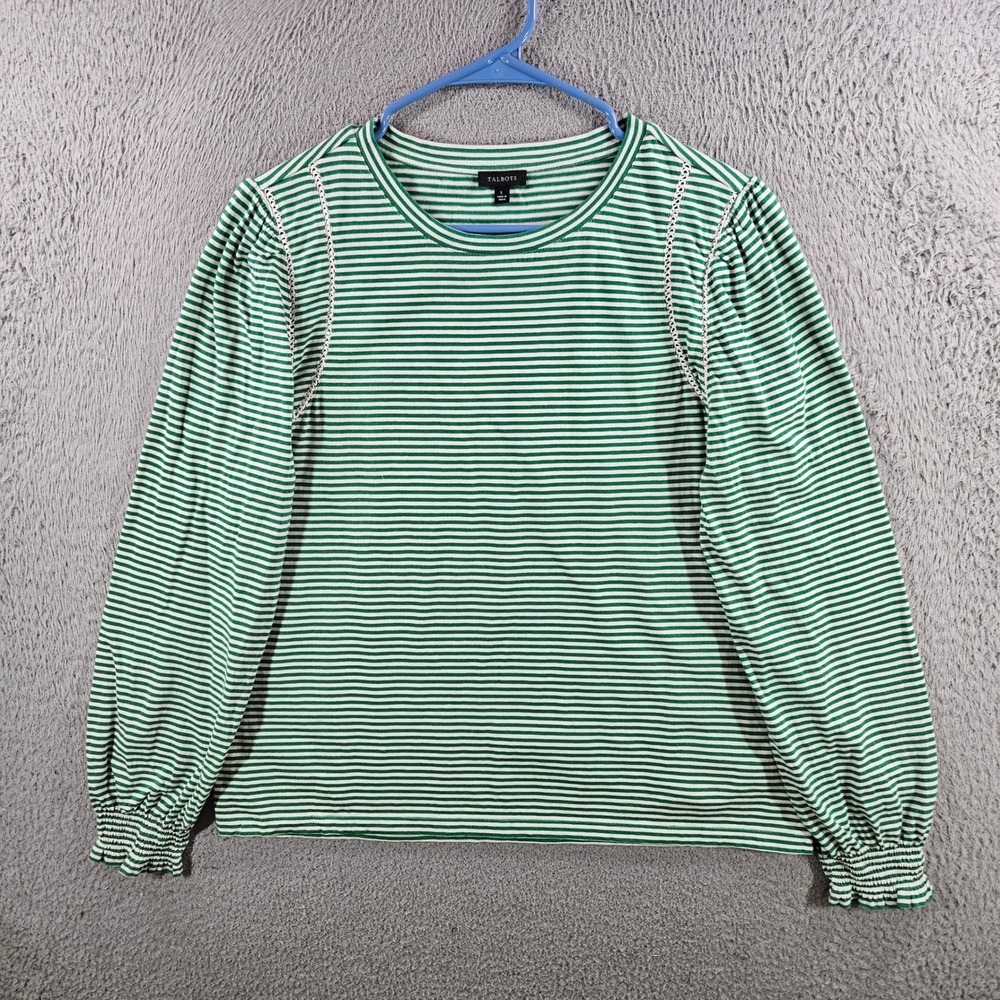 Talbots Green White Striped Puff Sleeve Cotton Top Lace Trim Smocked Cuffs L